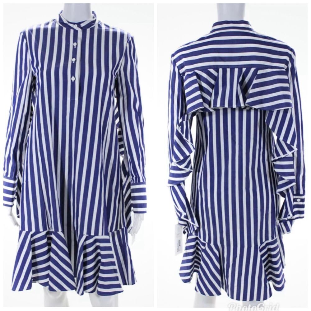 ADEAM Blue and White Striped RUFFLE SHIRT DRESS Top Size M - Picture 2 of 9